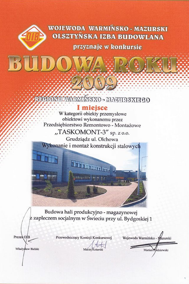 Certyfikat budowa roku 2009 za pierwsze miejsce