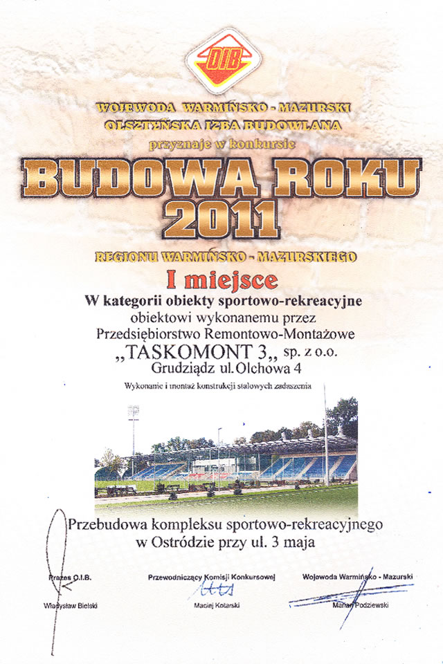 Certyfikat budowa roku 2011 za pierwsze miejsce